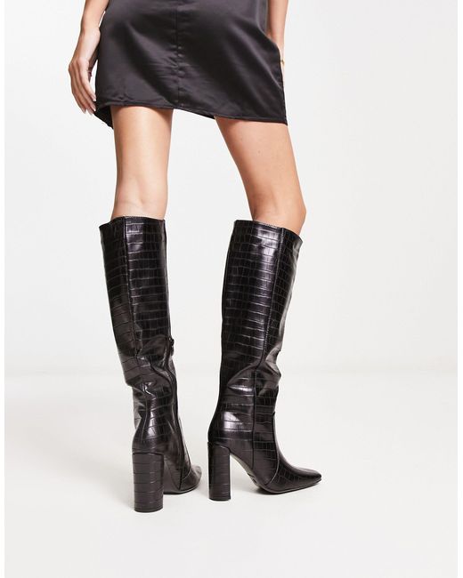 Truffle Collection Black Square Toe Heeled Knee Boots