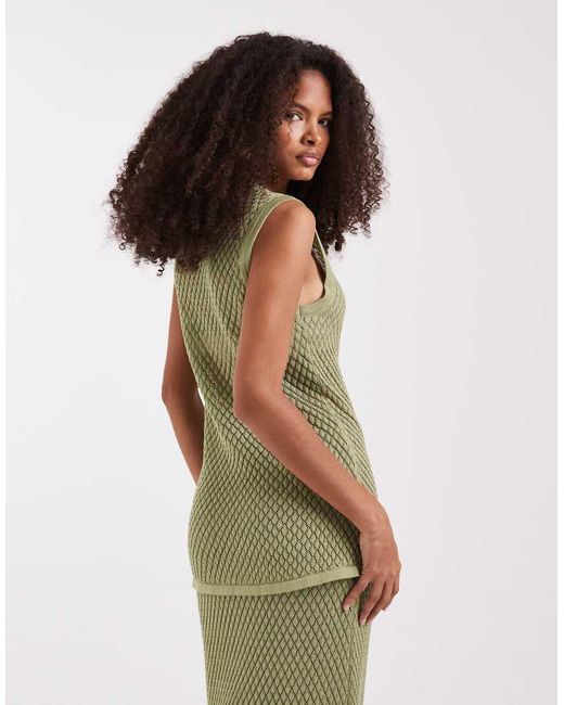 Pretty Lavish Green Pointelle Longline Waistcoat Co-ord With Floral Broach