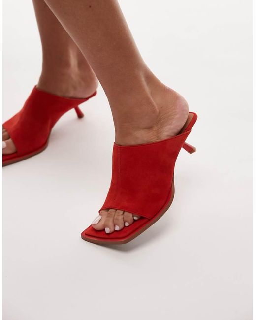TOPSHOP Red Ilya Premium Real Suede Open Square Toe Mules