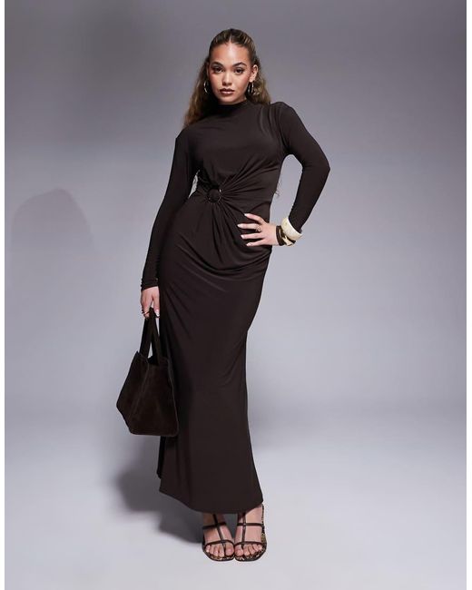 ASOS Brown Modest Long Sleeve High Neck Drape Maxi Dress With Hardware Trim