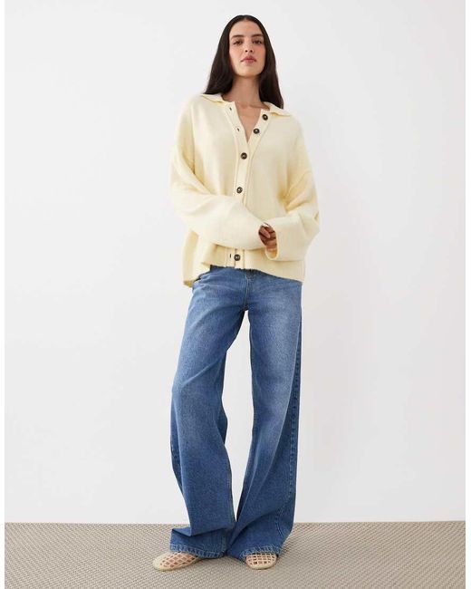 ASOS Natural Knit Collar Shirt Cardigan With Seam Detail