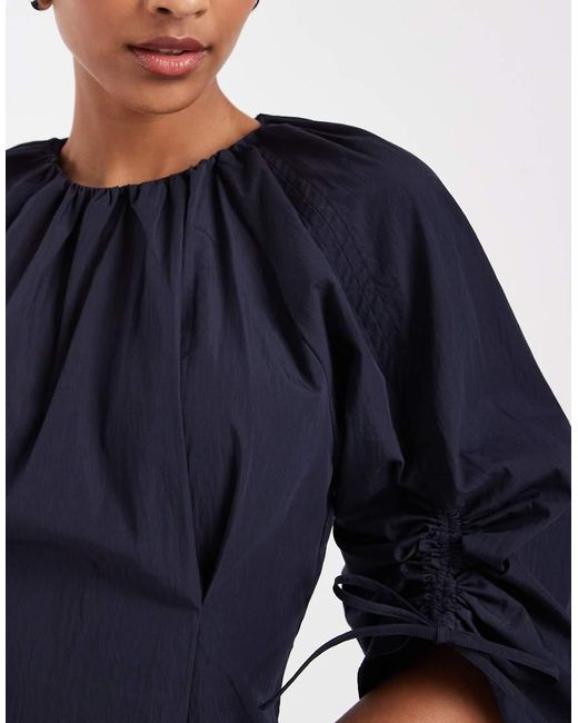 & Other Stories Blue Volume Cinch Sleeve Midi Dress