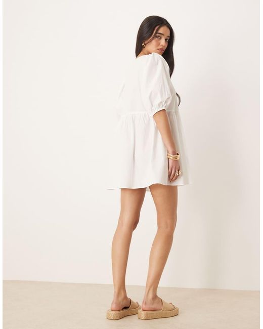 Gina Tricot Natural Mini Dress With Tie Front Bodice And Puff Sleeves