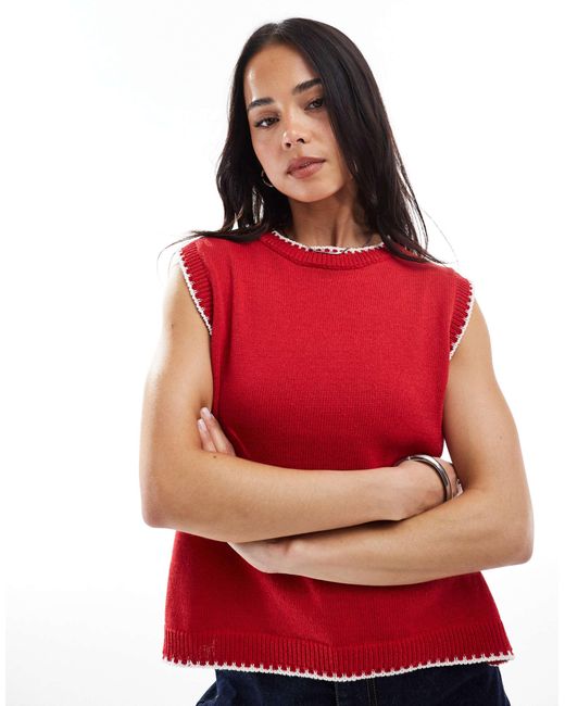 ASOS Red Knitted Tank Top With Contrast Blanket Stitch