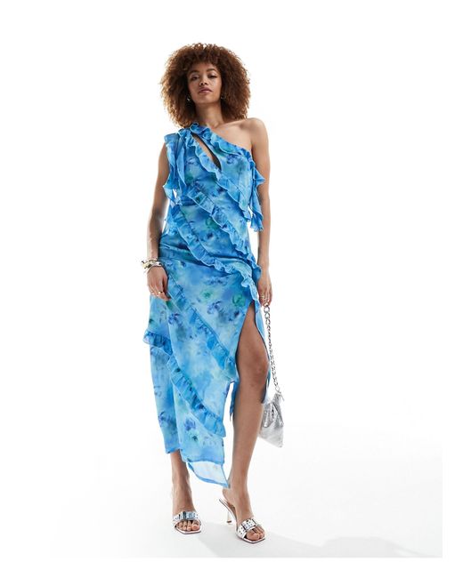 Annorlunda Blue Ruffle Asymmetric Midaxi Dress