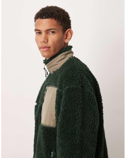 ASOS Green Relaxed Teddy Zip Up Jacket With Pocket for men