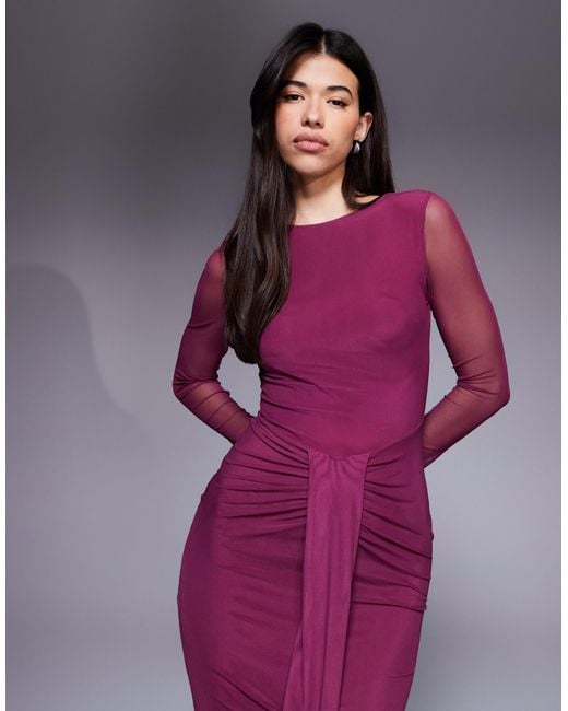 ASOS Women's Purple Mesh Long Sleeve Slash Neck Open Back Maxi Dress With  Sash