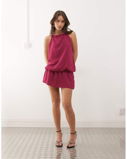 Motel Red Veloria High Halter Neck Dropped Waist Dress