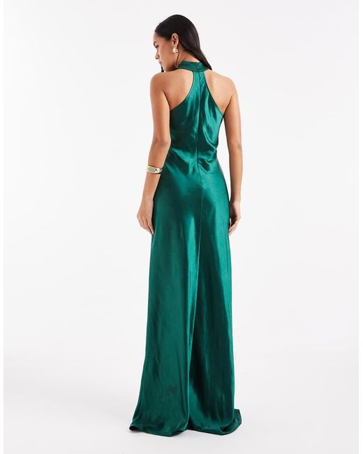 Six Stories Green Bridesmaid Satin Twist Detail Halter Neck Maxi Dress