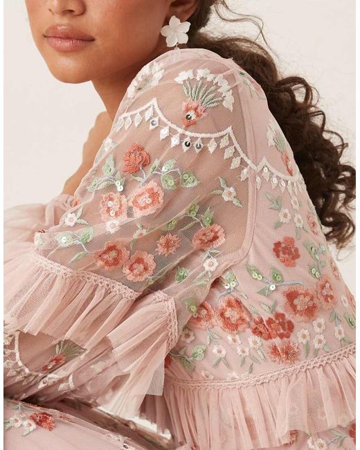 Maya Pink Embroidered Long Sleeve Maxi Dress