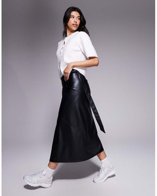 ASOS Blue Faux Leather Wrap Midi Skirt