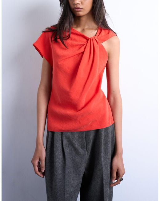 TOPSHOP Red Super Soft Cupro Knot Detail Top