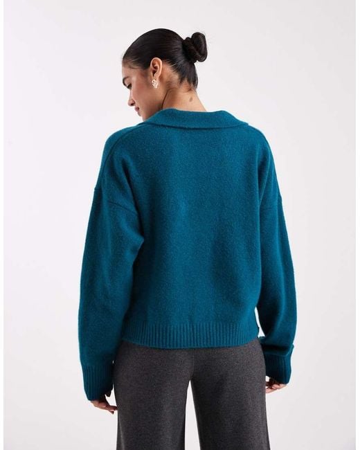 Monki Blue Long Sleeve Collar Polo Knitted Jumper