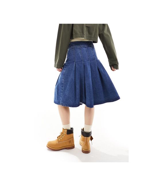 ASOS Blue Denim Pleated Knee Length Skirt