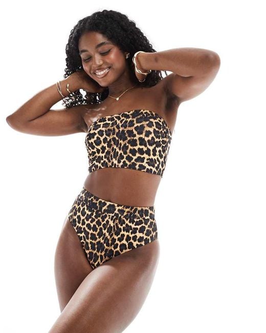 Set Bikini A Fascia Con Slip A Vita Alta Leopardato di Threadbare in Brown