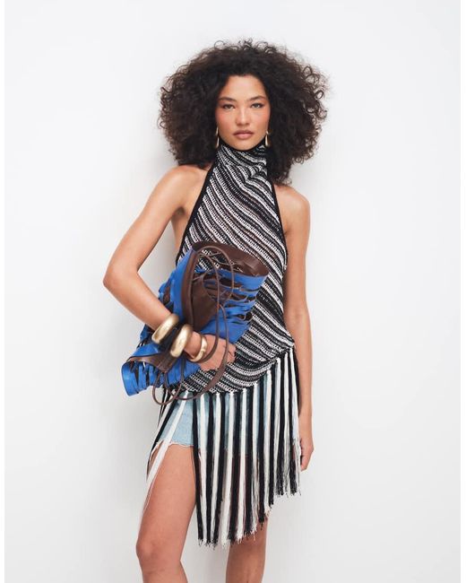 TOPSHOP Blue Knitted Stripe Halterneck Longline Fringing Tunic
