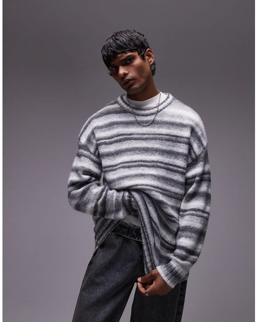 Topman Gray Relaxed Fit Fluffy Stripe Jumper for men