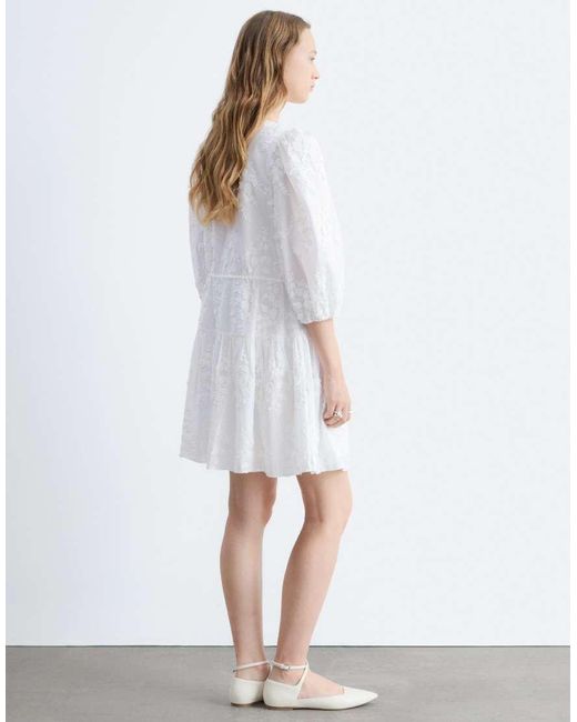 & Other Stories White Embroidered Mini Dress With Front Tie Detail And Tiered Hem