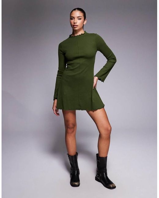 ASOS Green Ribbed Long Sleeve Lettuce Hem Mini Dress