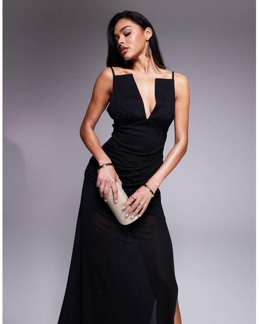 ASOS Black Sharp Neckline Maxi Dress With Stretch Chiffon Overlay