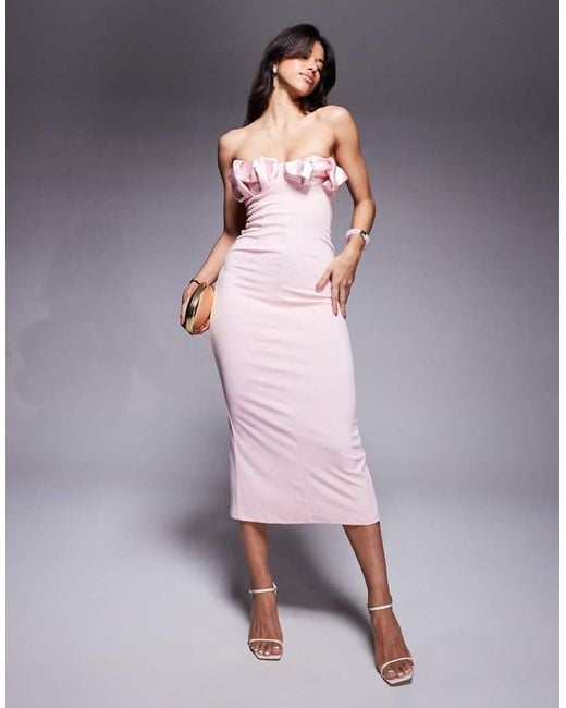 ASOS Pink Scuba Bandeau Midi Dress With Pleated Satin Bust Cups
