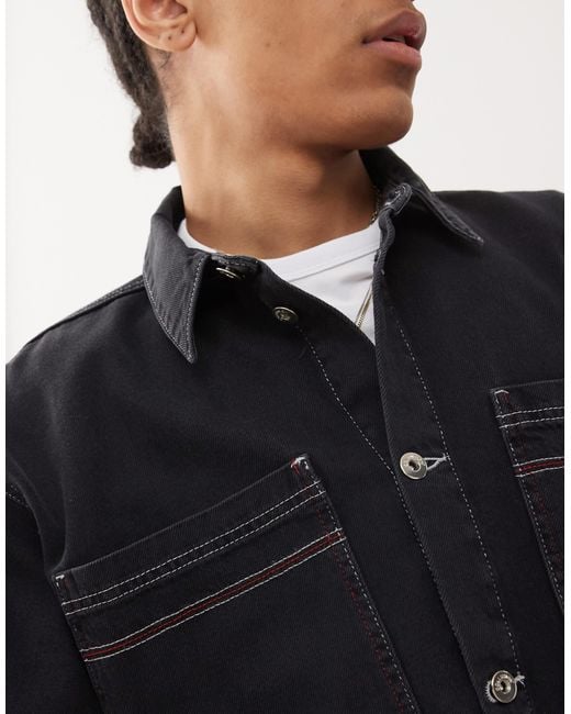 Chemise en denim coupe carrée à coutures apparentes Collusion pour homme en coloris Black