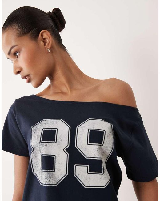 Cotton On Blue Sporty Off Shoulder Graphic Tee