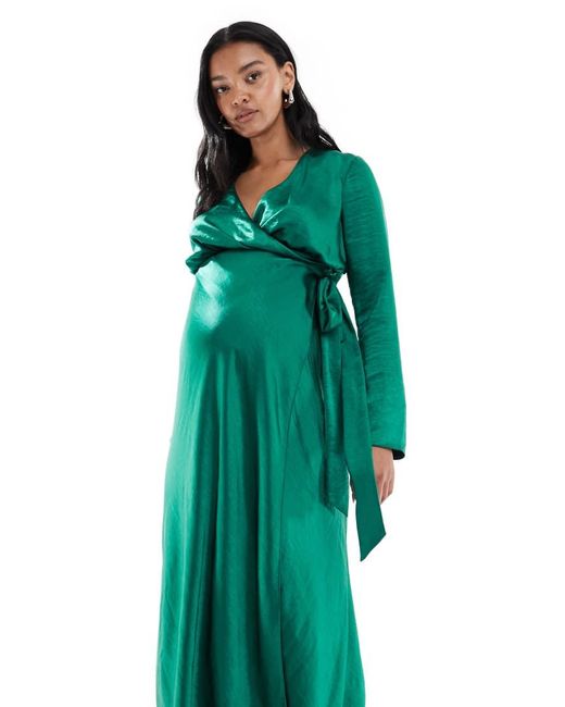 ASOS Green Asos Design Maternity Satin Long Sleeve Wrap Detail Midaxi Dress