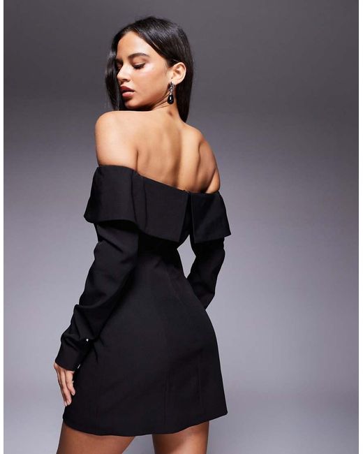 Kaiia Black Exclusive Bardot Foldover Tailored Long Sleeve Diamante Button Detail Mini Dress