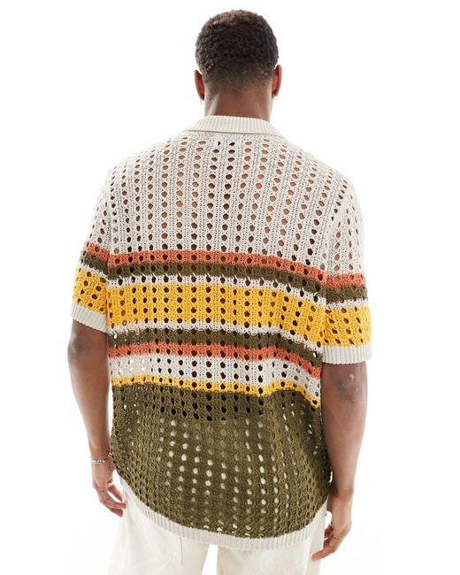 ASOS Gray Relaxed Knitted Pointelle Button Through Stripe Polo for men
