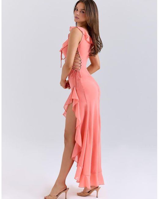 House Of Cb Red Aloura Coral Georgette Ruffle Maxi Dress