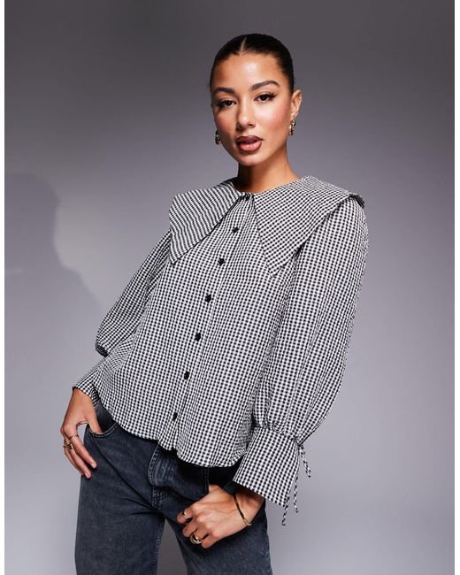 River Island Gray – karierte bluse mit großem kragen