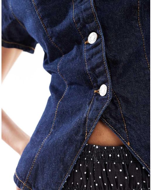 ASOS Blue Denim Button Up Top With V Neck And Half Sleeve