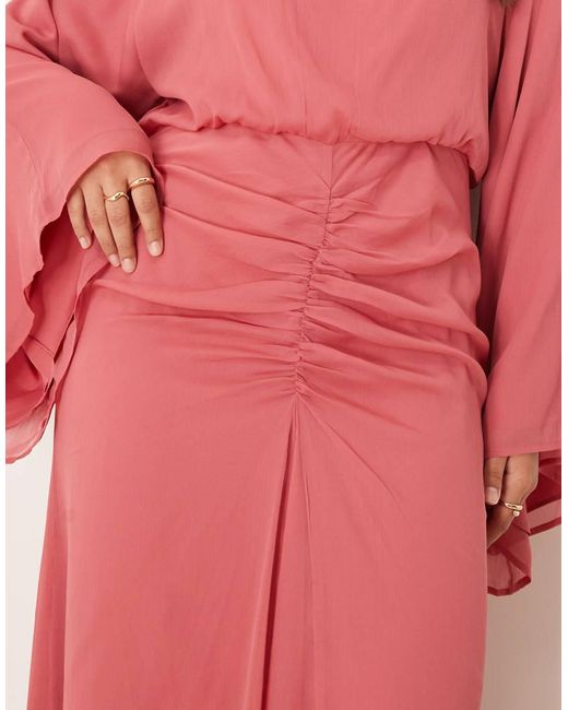 ASOS Pink Asos Design Curve Volume Sleeve Maxi Dress With Ruched Skirt