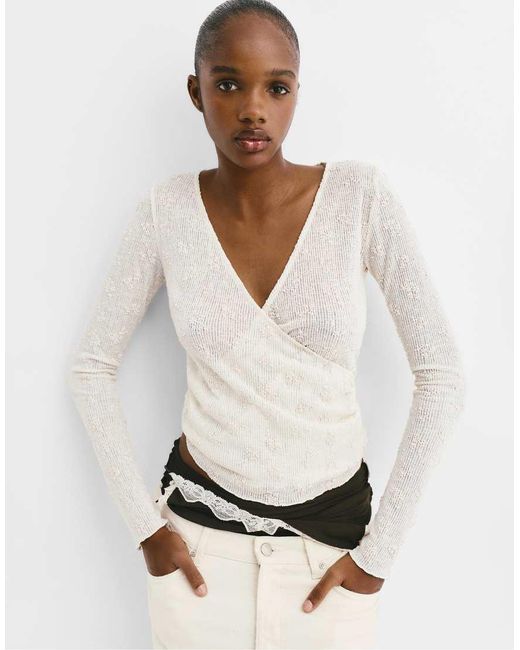 Pull&Bear White Crossover Knit Floral Top