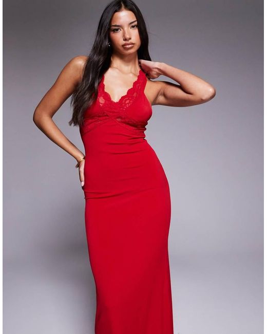 Tiger Mist Red Seraphine Slinky Crossover Lace Panel Bodycon Maxi Dress