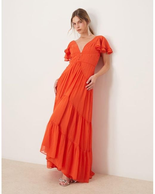 ASOS Red Flutter Sleeve Ruched Maxi Dress With Hi Low Hem
