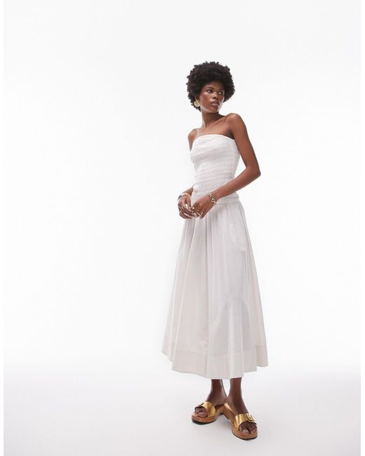 TOPSHOP White Shirring Bandeau Midi Dress