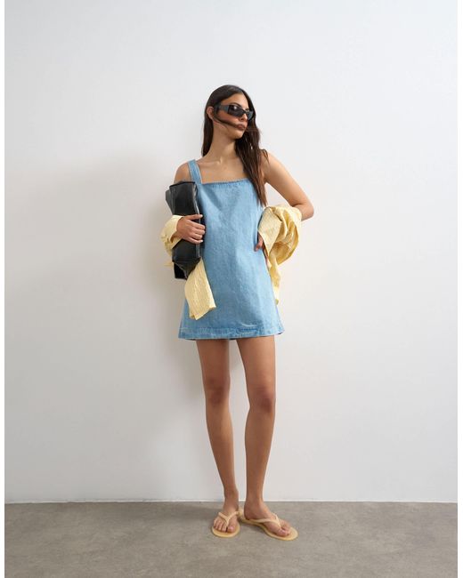 TOPSHOP Denim Square Neck Pinny Dress in Blue