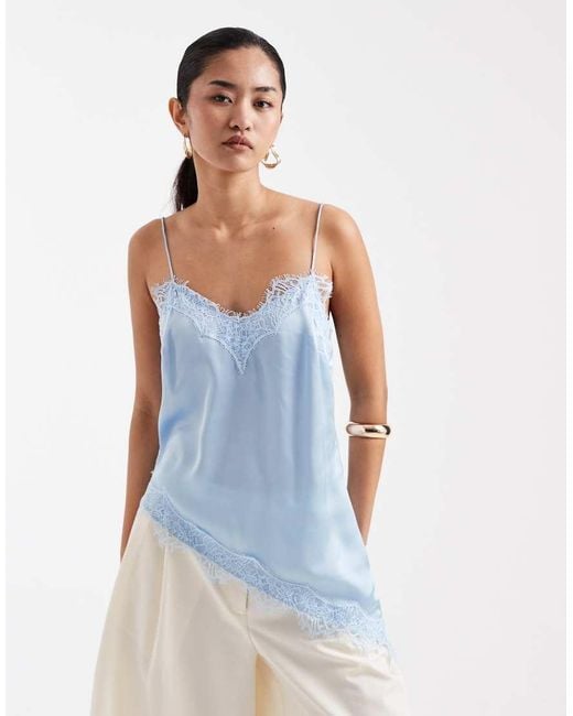 New Look Blue Longline Asymmetric Lace Trim Satin Cami Top