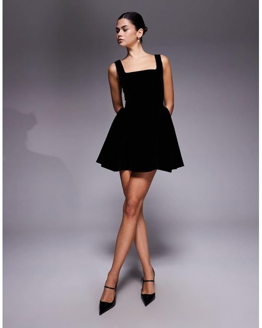 Wanderdoll Black Lucky Velvet Square Neck Hip Detail Mini Dress