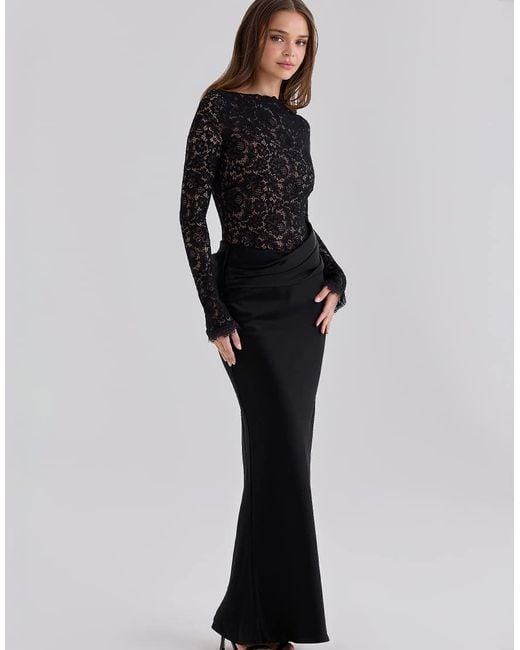 House Of Cb Black Yasmeen Corded Lace + Satin Draped Maxi Dress