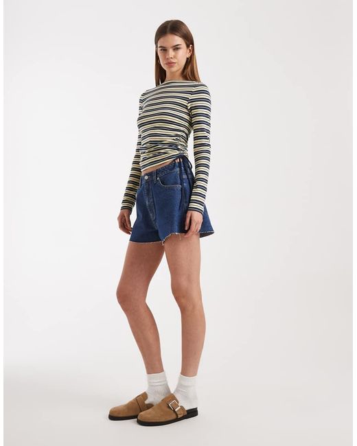 ASOS Blue Ruched Detail Tie Side Boat Neck Long Sleeve Top