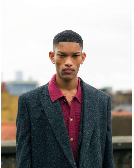 Topman Blue Oversized Salt And Paper Wool Mix Over Coat for men