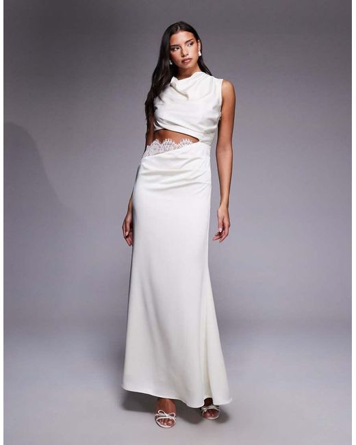 Jarlo Purple Tyler Bridal Satin High Cowl Neck Lace Cutout Maxi Dress