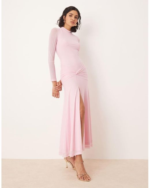 Bardot Pink Mesh Long Sleeve Maxi Dress