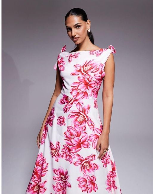 Forever New Pink Slash Neck Bow Shoulder Midaxi Dress