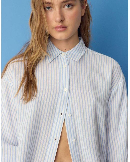 Stradivarius Blue Linen-effect Shirt