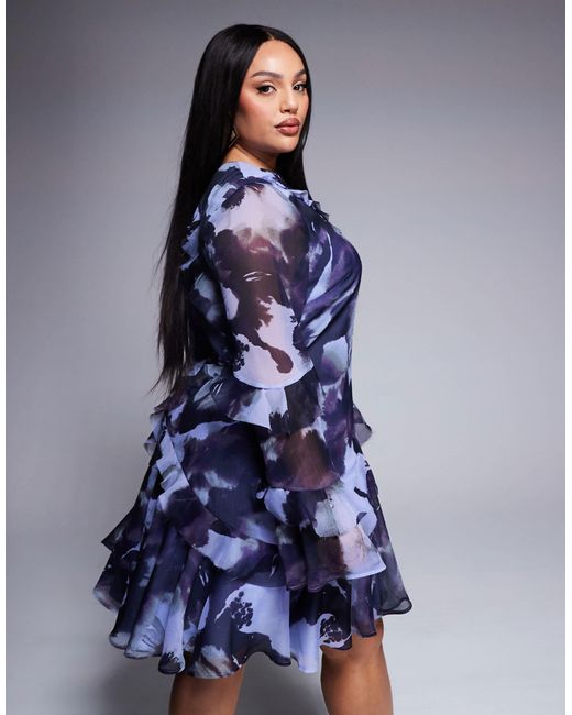 ASOS Blue Asos Design Curve Raw Edge Ruffle Long Sleeve Mini Dress