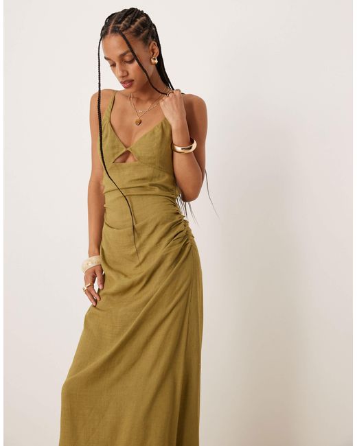 Robe d'été longue en lin avec découpe sur la poitrine - olive ASOS en coloris Natural